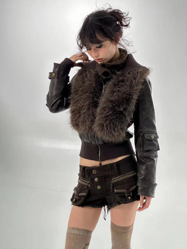 Faux Fur Leather Jacket - Brown
