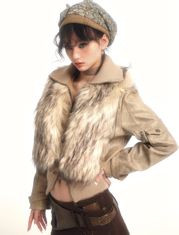 Faux Fur Leather Jacket - Beige