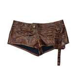 Low Rise Faux Leather Shorts - Brown