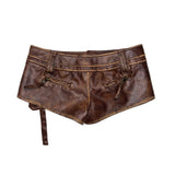 Low Rise Faux Leather Shorts - Brown