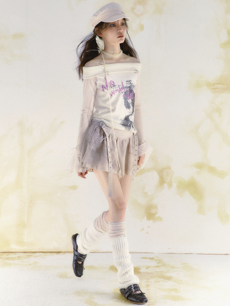 Abstract Print Mesh Skirt - Beige