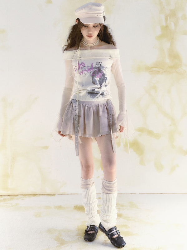 Abstract Print Mesh Skirt - Beige